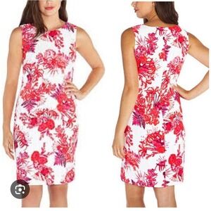 Mario Serrani Floral‎ Sheath Dress Sleeveless Career Cocktail White Red 10